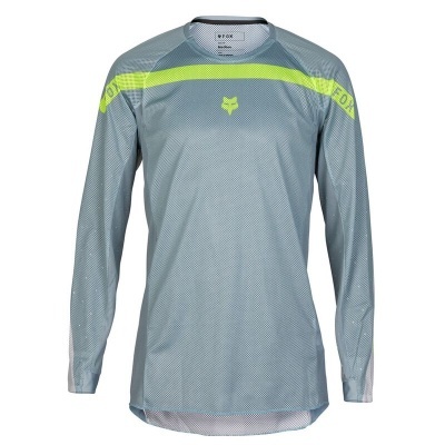 Camisola cinza de manga comprida com faixa amarela fluorescente e logotipo FOX