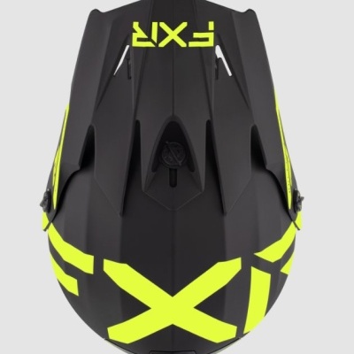 Capacete preto com detalhes amarelos fluorescentes e texto FXR no topo