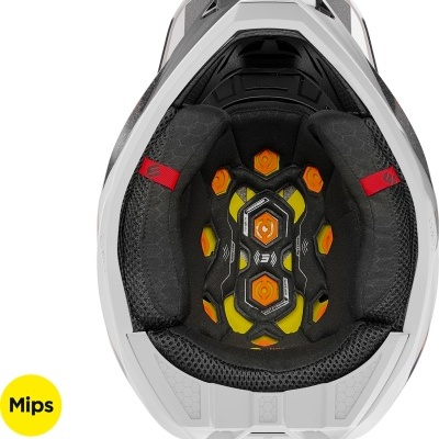 Interior de capacete branco com acolchoamento preto, amarelo e detalhes vermelhos, texto Mips e D3O Protected