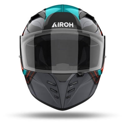Capacete de motociclista cinzento e preto com detalhes azul turquesa e vermelhos, com viseira transparente