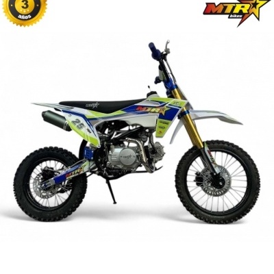 Motocross MTR Bikes preto, azul, verde e branco com suspensão dourada e pneus pretos