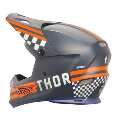 Capacete integral motocross cinza com detalhes laranja e padrão xadrez