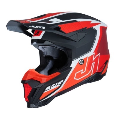 Capacete de motocross vermelho, preto, branco e laranja com visor e acolchoamento preto
