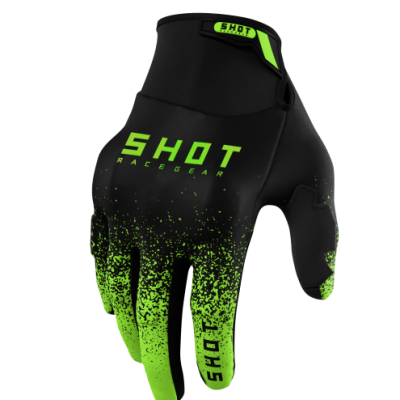 Luvas de motocross pretas e verdes com escrita 'SHOT RACEGEAR' e 'SHOT'.