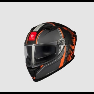 Capacete integral para moto preto com detalhes laranja e viseira transparente