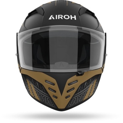 Capacete integral AIROH preto com detalhes dourados e viseira transparente