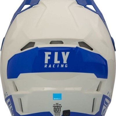Capacete motocross branco e azul com texto FLY RACING