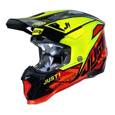 Capacete de motocross amarelo, preto e vermelho com texto JUST1