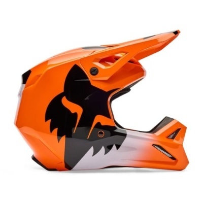 Capacete integral de motocross laranja com padrão gráfico de raposa