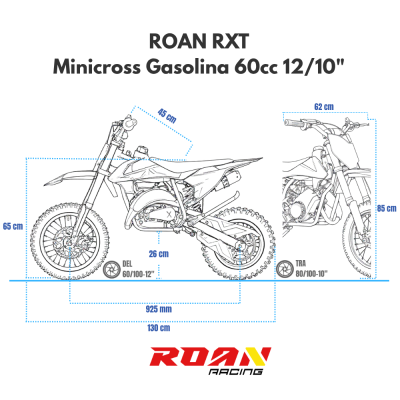 Desenho técnico de motorizada de corrida Roan RXT Minicross Gasolina 60cc com dimensões.