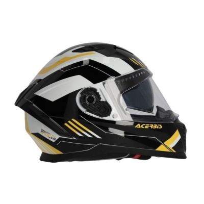 Capacete integral preto, branco, amarelo e cinza com viseira transparente e logo ACERBIS