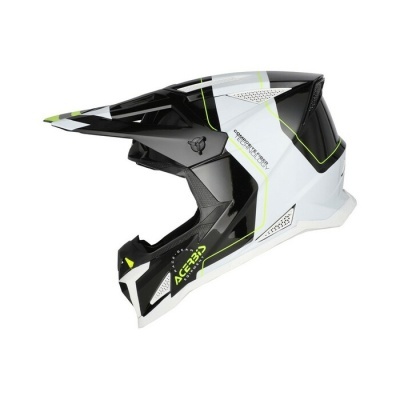 Capacete motocross preto, branco e verde com texto ACERBIS RACING GEAR