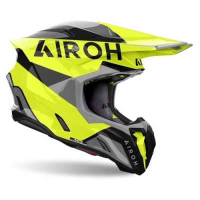 Capacete integral amarelo neon e preto com texto AIROH