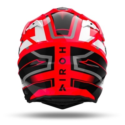 Capacete motocross vermelho, preto e branco com texto AIROH