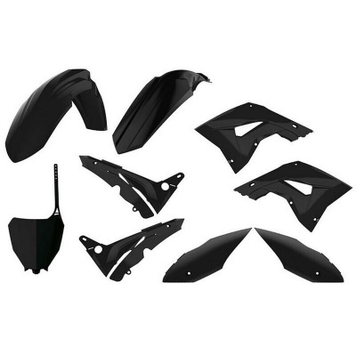 Conjunto de peças plásticas pretas para mota sobre fundo branco