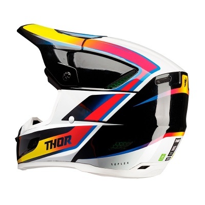 Capacete integral de motocross preto, branco, amarelo, azul e vermelho com logótipo THOR
