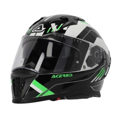 Capacete de moto integral preto, branco e verde com viseira transparente e texto ACERBIS.