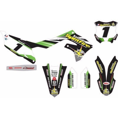 Autocolantes para mota Kawasaki Spirit Fire em preto, verde e branco com números e logótipos