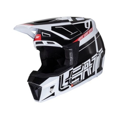 Capacete integral preto e branco com detalhes vermelhos Leatt