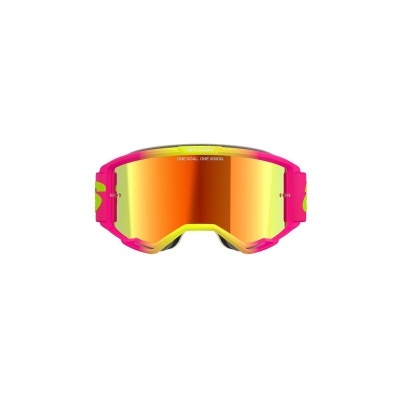 Óculos de proteção rosa com lentes refletoras laranja-amarelas e texto 
