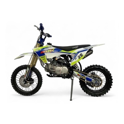 Motocross azul, branco e verde com número 25 na lateral