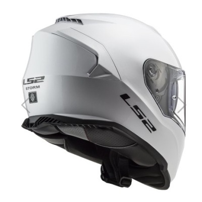 capacete de moto integral branco com viseira transparente e logotipos LS2