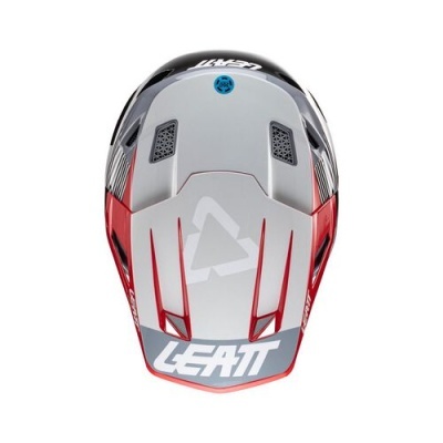 Capacete de proteção desportivo cinzento, vermelho, preto e branco com logótipo LEATT