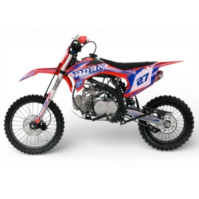 Motocross vermelho, azul e preto com número 27 e texto ROAN RACING