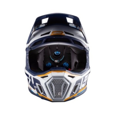 Capacete integral motocross Leatt azul, branco, cinza e laranja com viseira e interior acolchoado