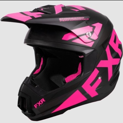 Capacete integral Preto e Rosa com texto FXR e visor ajustável