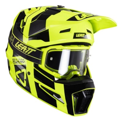 Capacete de motocross amarelo fluorescente e preto com óculos integrados e texto LEATT