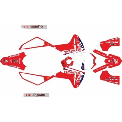 autocolantes vermelhos para motocicleta Honda com textos DUNLOP, HONDA, RENTHAL e DID