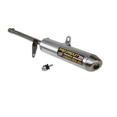 Escapamento Pro Circuit 304 Factory Sound em metal prateado com etiqueta colorida