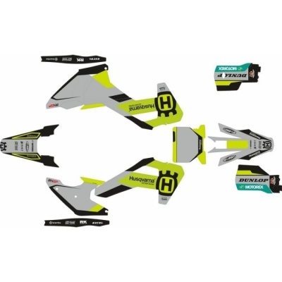 Autocolantes para moto Husqvarna em cinza, amarelo, preto e verde com logótipos