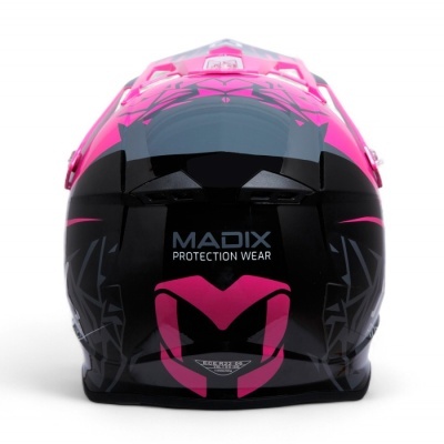 Capacete de motociclismo preto e rosa com padrão geométrico e logo MADIX PROTECTION WEAR