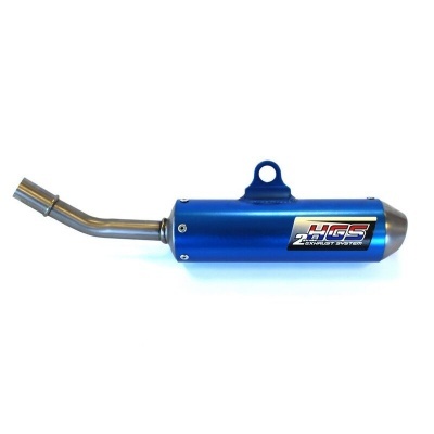 Escape de mota azul metálico com etiqueta HGS EXHAUST SYSTEM