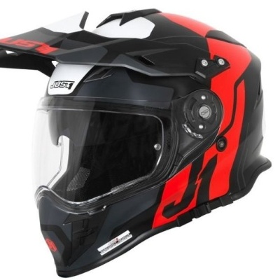 Capacete de motocross preto e vermelho com viseira transparente e padrão gráfico