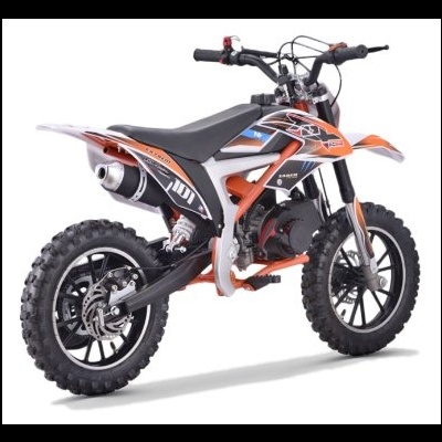 Moto de cross infantil preta, branca e laranja com texto XP 125