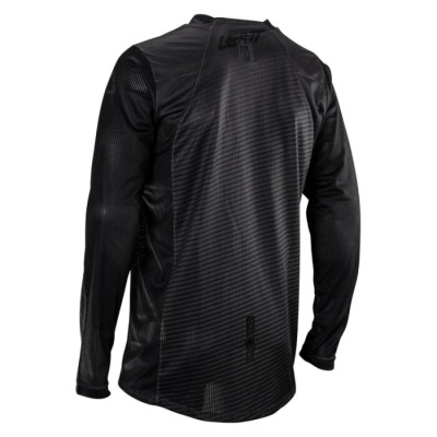 Camisola preta de mangas compridas com padrão de linhas diagonais e textos LEATT no colarinho e na parte inferior das costas.