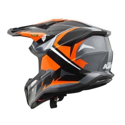 Capacete integral para motocross cinza, preto e laranja com marca KTM