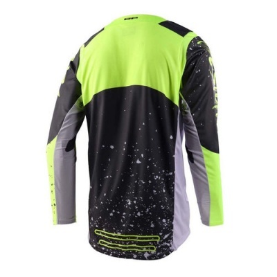 Camisola desportiva manga comprida verde fluorescente, preto e cinza vista de costas