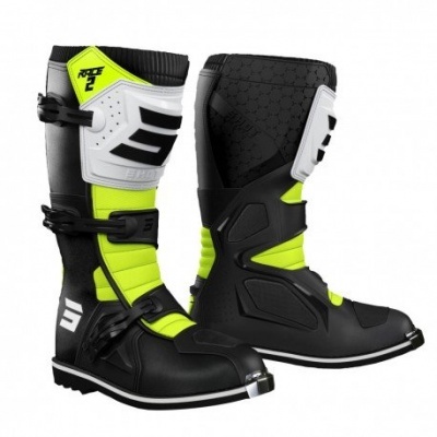 Botas de motocross pretas com detalhes amarelo fluorescente e branco