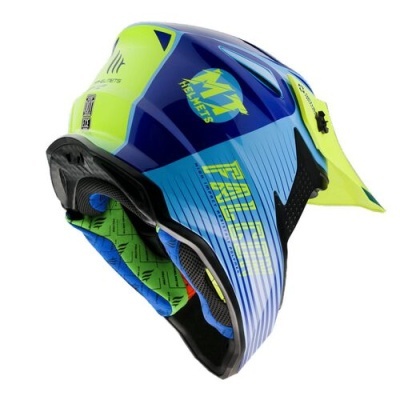 capacete motocross azul, amarelo e verde com visor