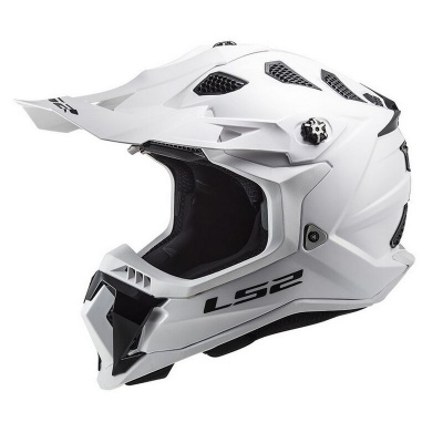 Capacete motocross branco com detalhes em preto e texto LS2 nas laterais