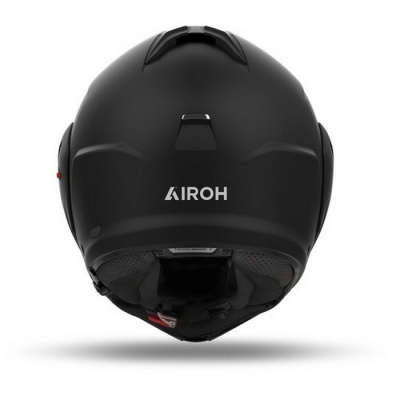 Capacete de motociclista preto fosco da marca AIROH visto de trás