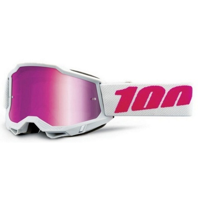 Óculos desportivos com lente espelhada roxa e cinta branca com texto rosa