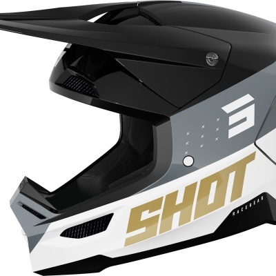 Capacete integral motocross preto cinzento branco com detalhes dourados