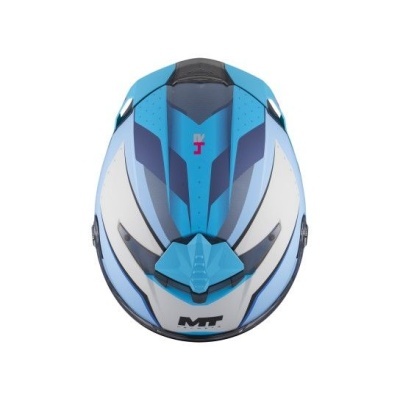 Capacete de mota azul, branco e preto com padrão geométrico e texto MT