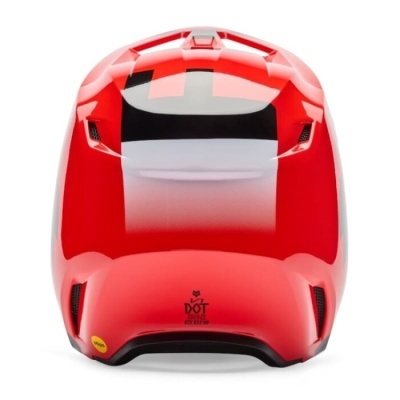 Capacete vermelho brilhante com detalhes pretos e brancos visto de frente