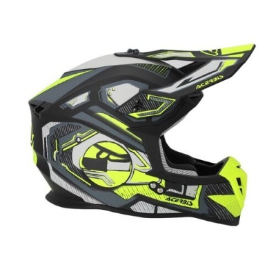 Capacete de motocross preto, cinzento e amarelo com texto ACERBIS